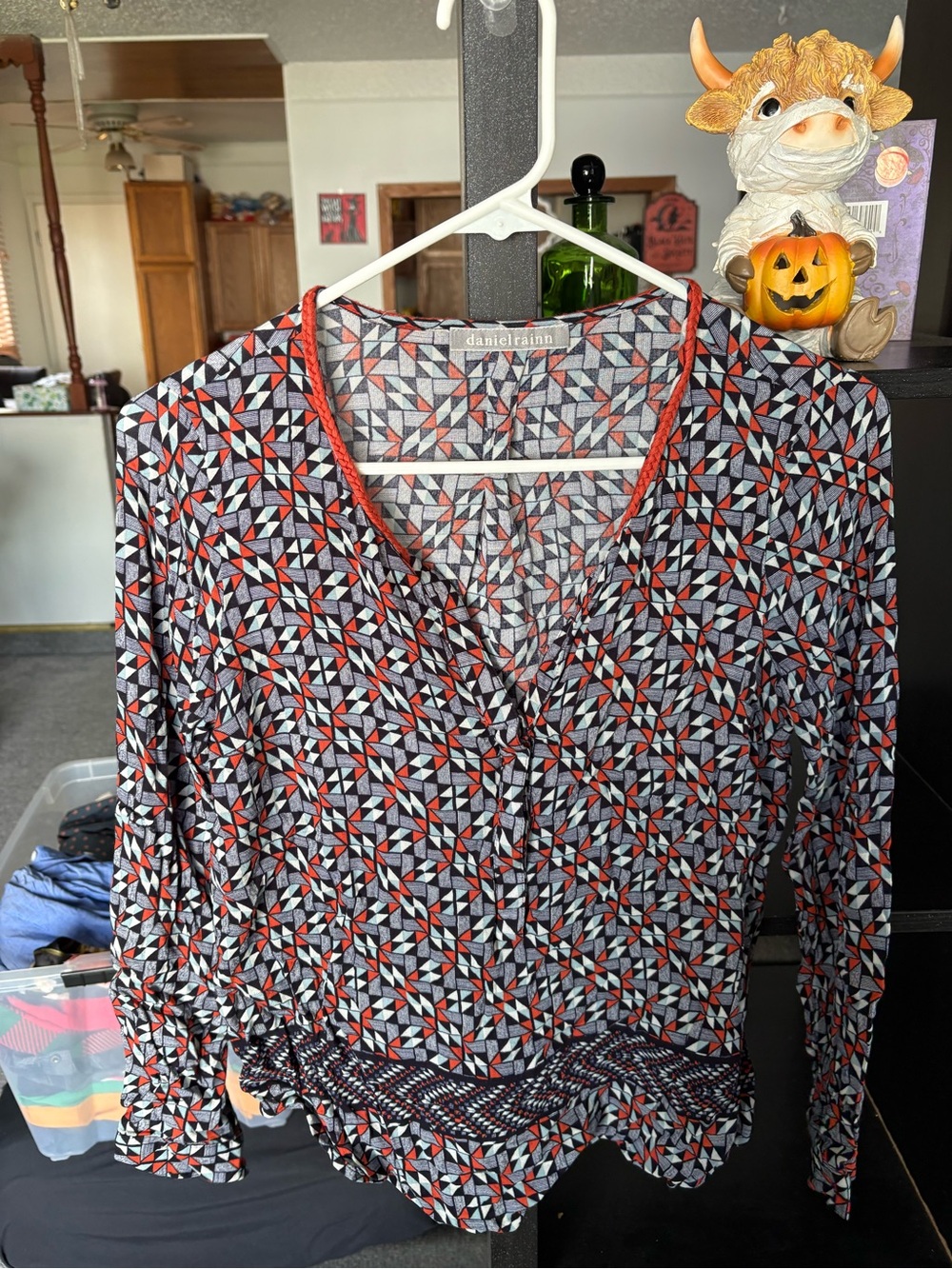 Daniel Rainn Black, White & Red Geometric V-Neck Long Sleeve Blouse